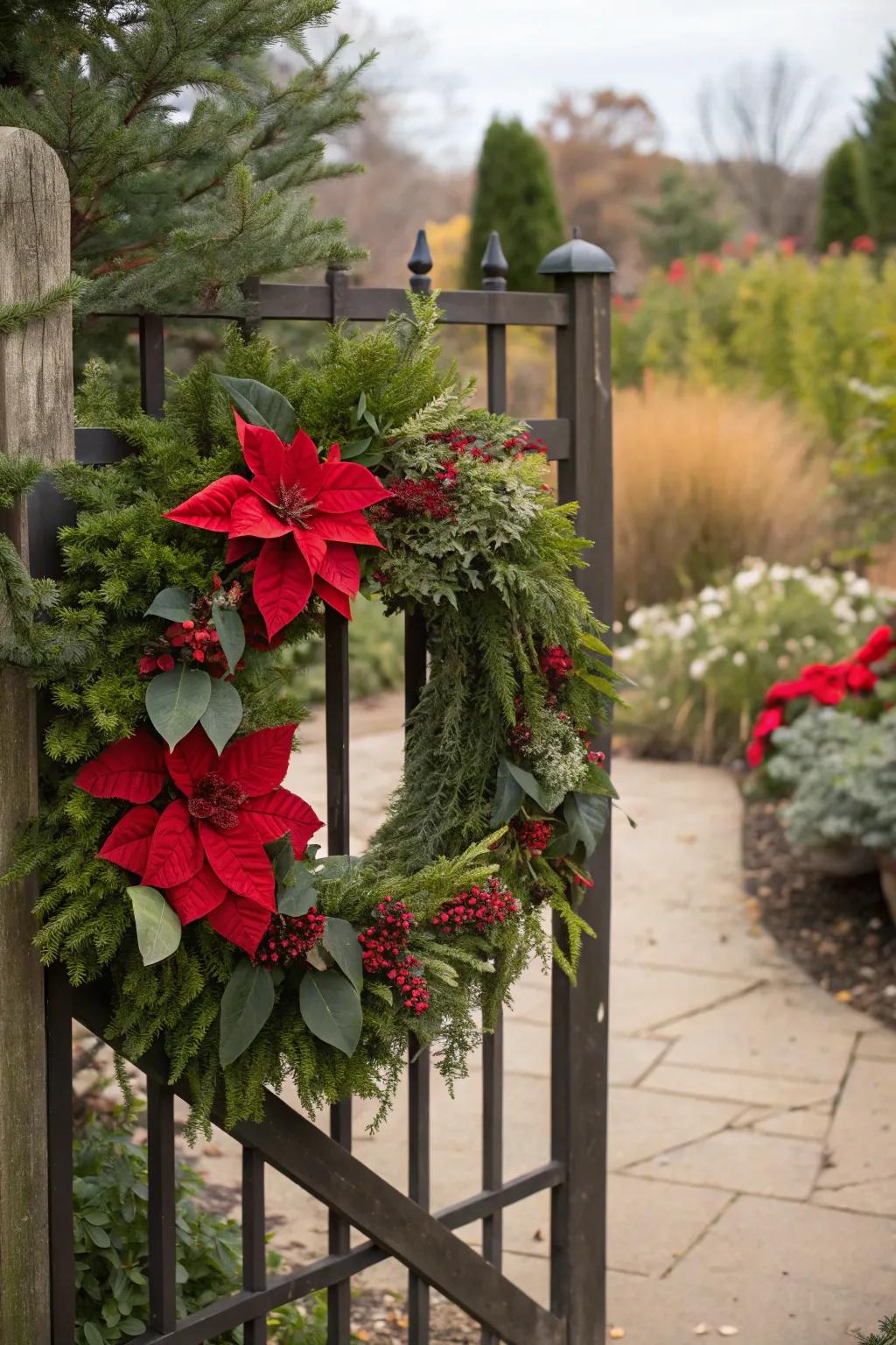 A lush poinsettia wreath with natural greens on a garden gate.