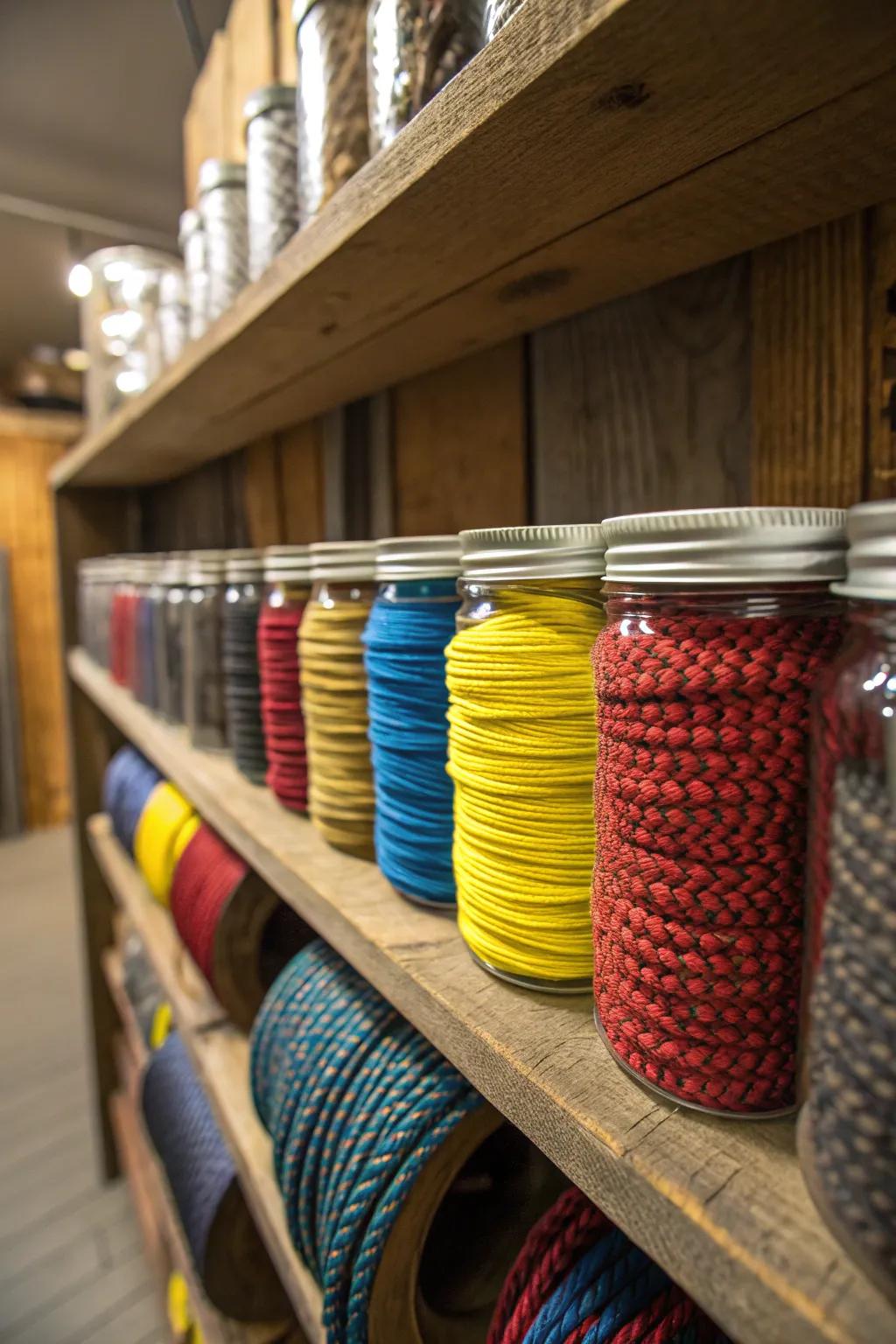 Elevate your organization game with vibrant paracord stored in classic mason jars. A perfect blend of style and functionality!