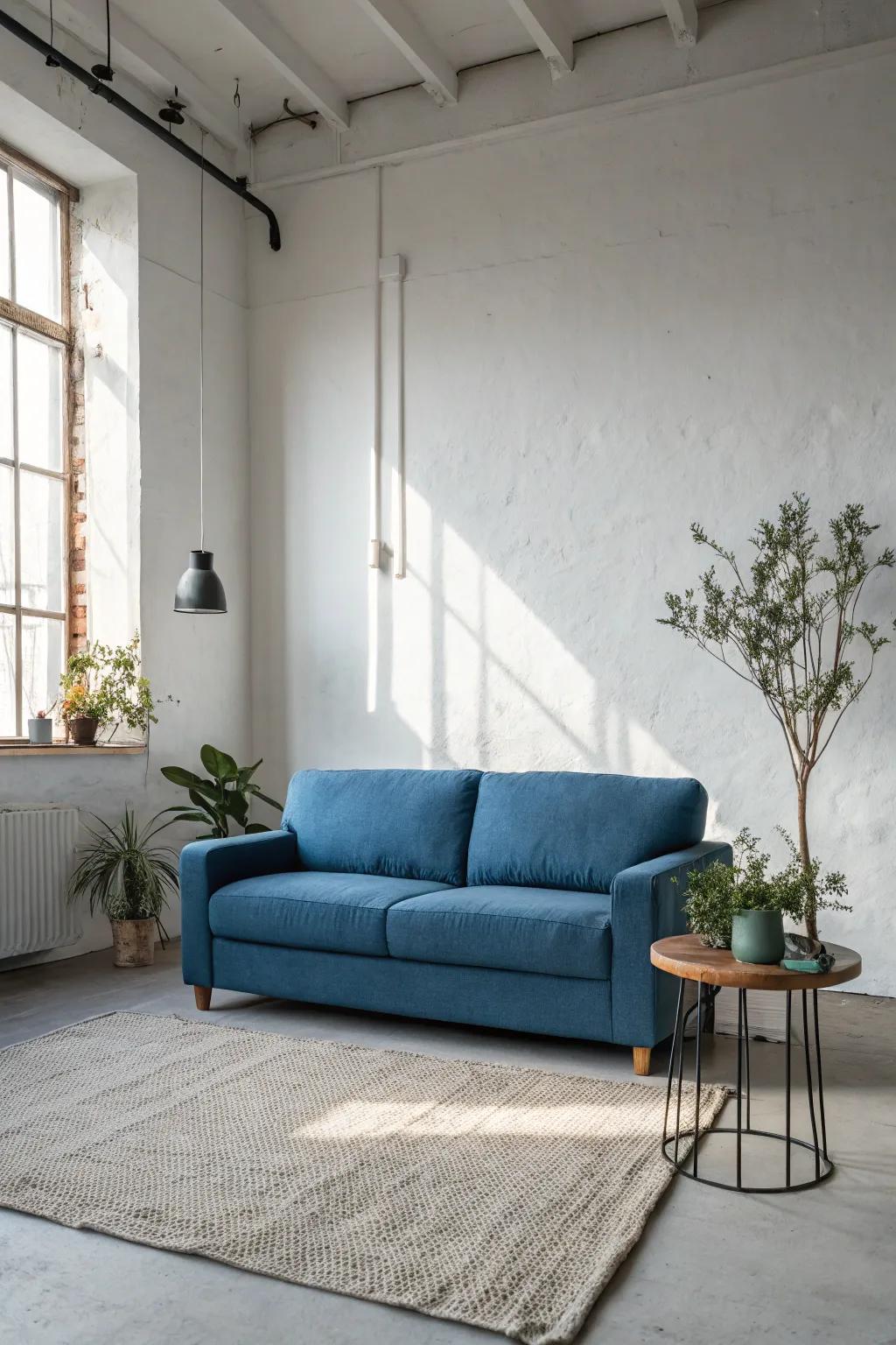 A minimalist approach highlights the elegance of a blue couch.