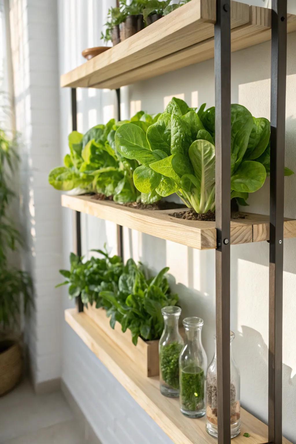 Elevate your space with a touch of nature: a chic hydroponic shelf system for fresh, homegrown greens.