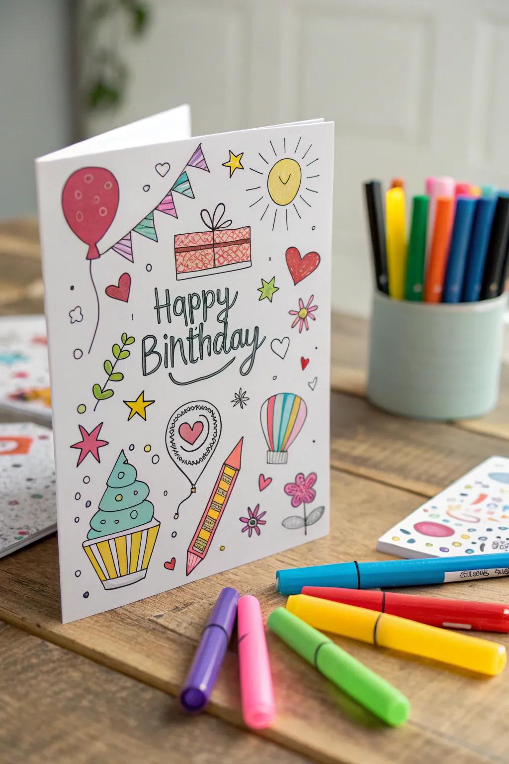 A whimsical quirky doodle birthday card.