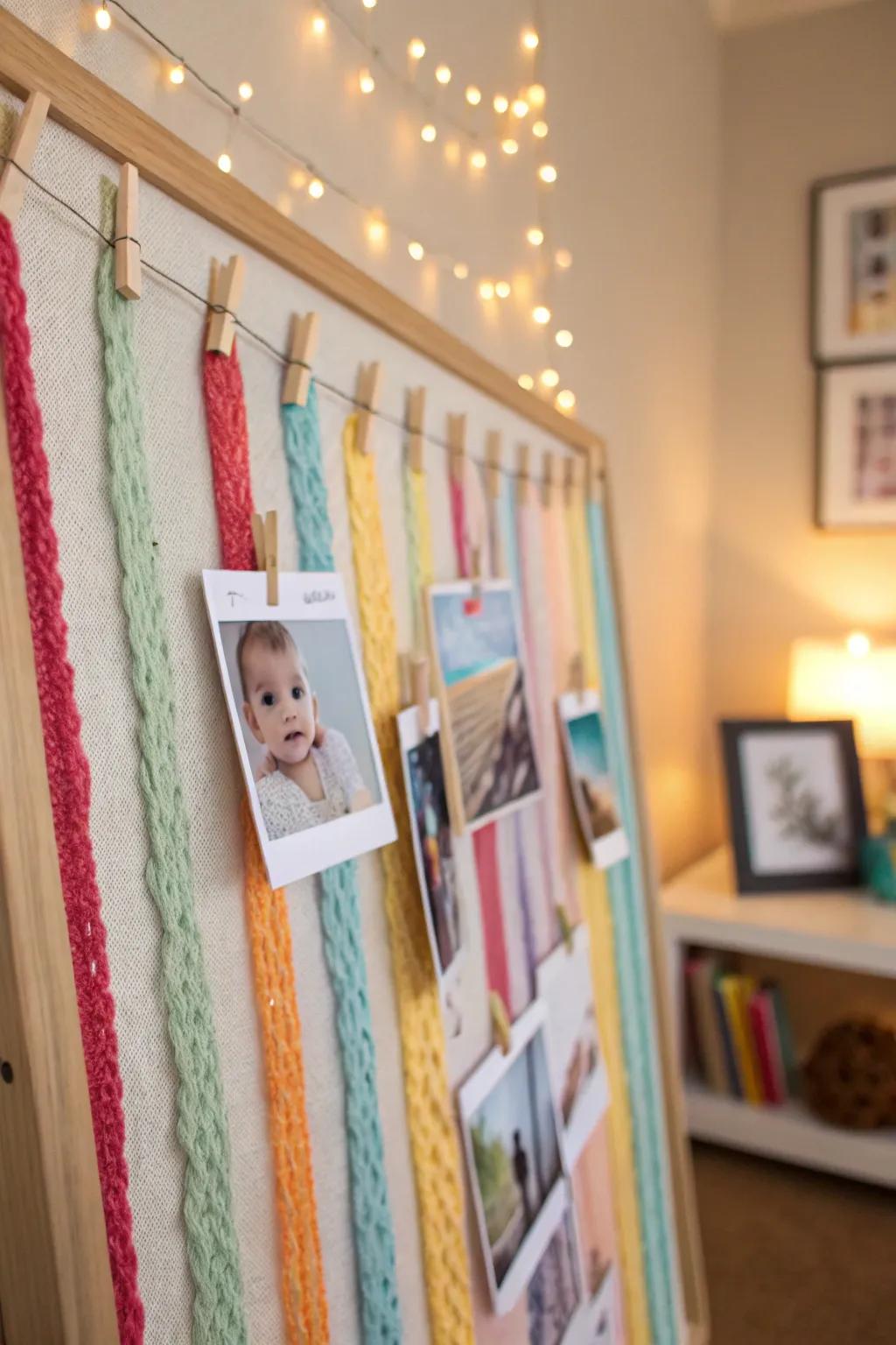 DIY with yarn and clothespins for a playful photo display.