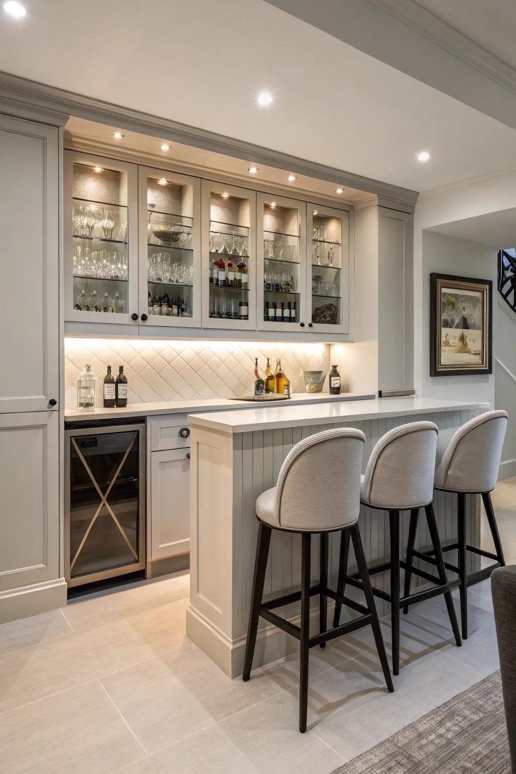 Built-in cabinets keep the home bar organized and sleek.