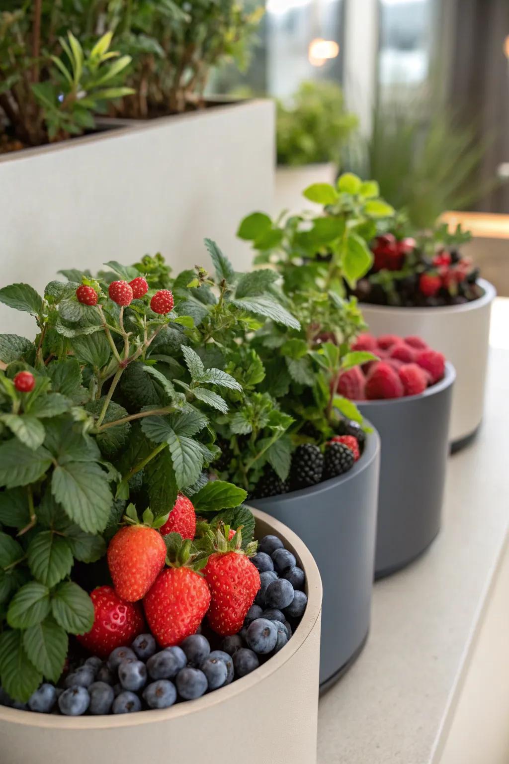 Berry plants thriving in portable containers.