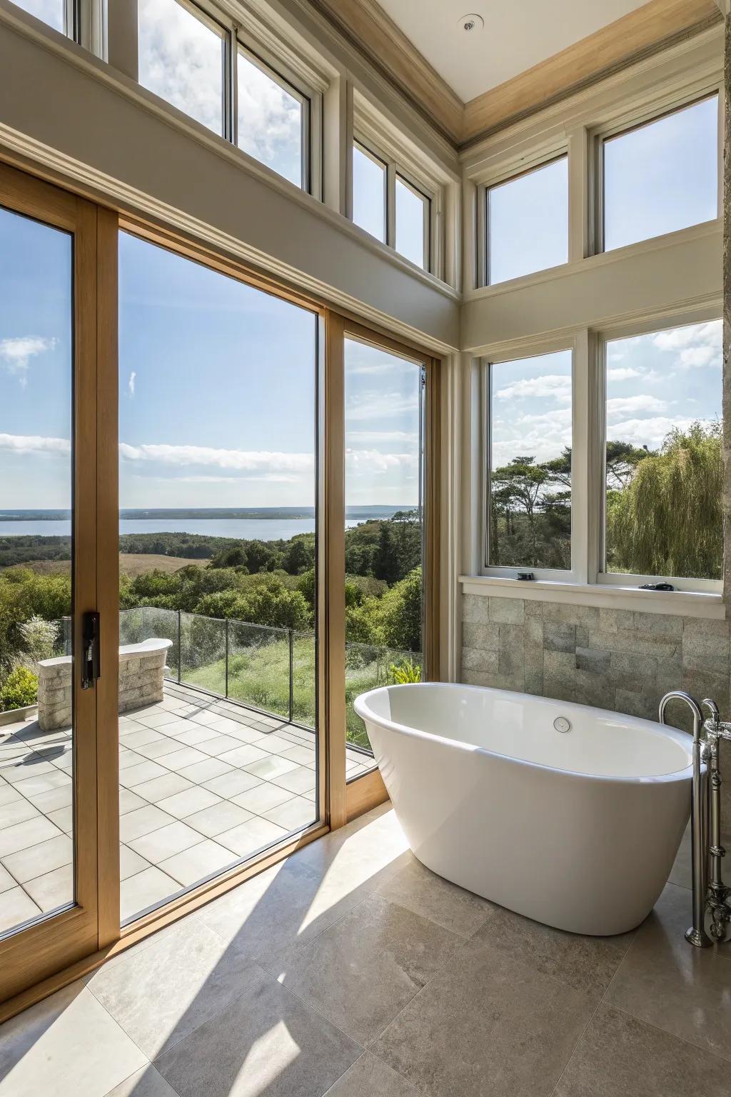 Floor-to-ceiling windows offer breathtaking views and natural light in this master bathroom.