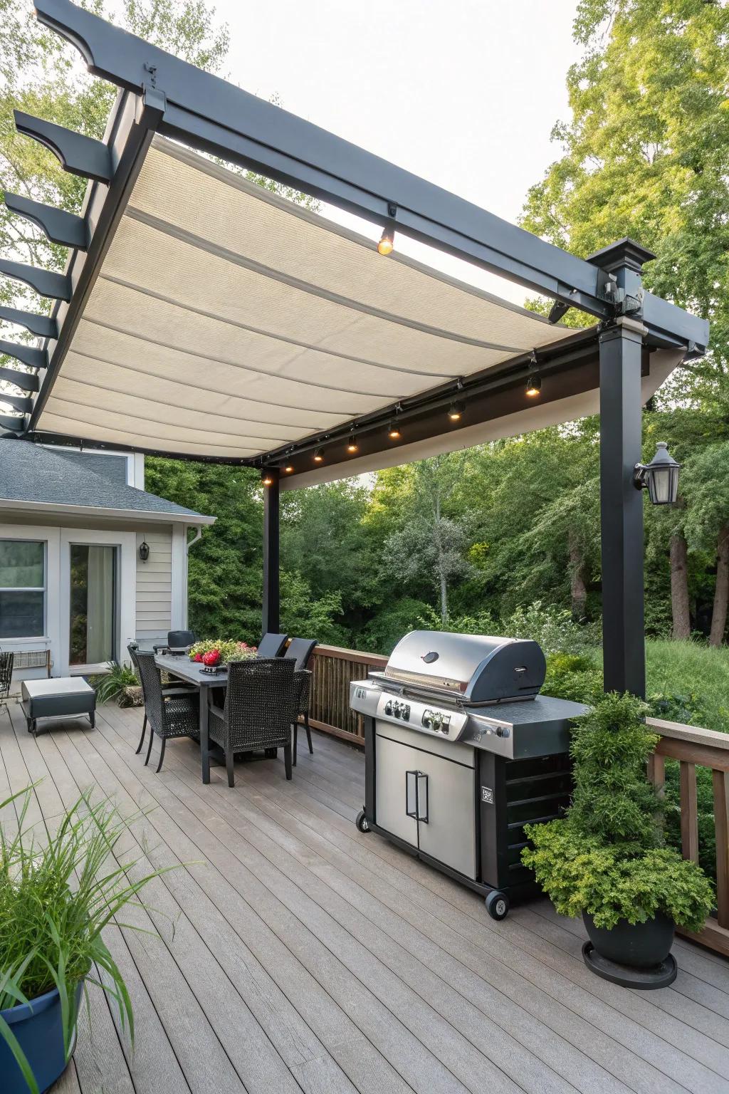 A retractable pergola canopy offers adaptable shade for any weather.