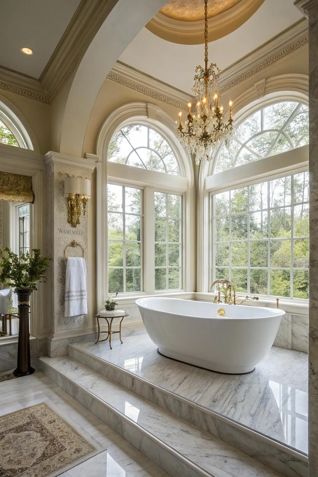 An elevated platform tub creating a dramatic focal point in a luxurious bathroom.