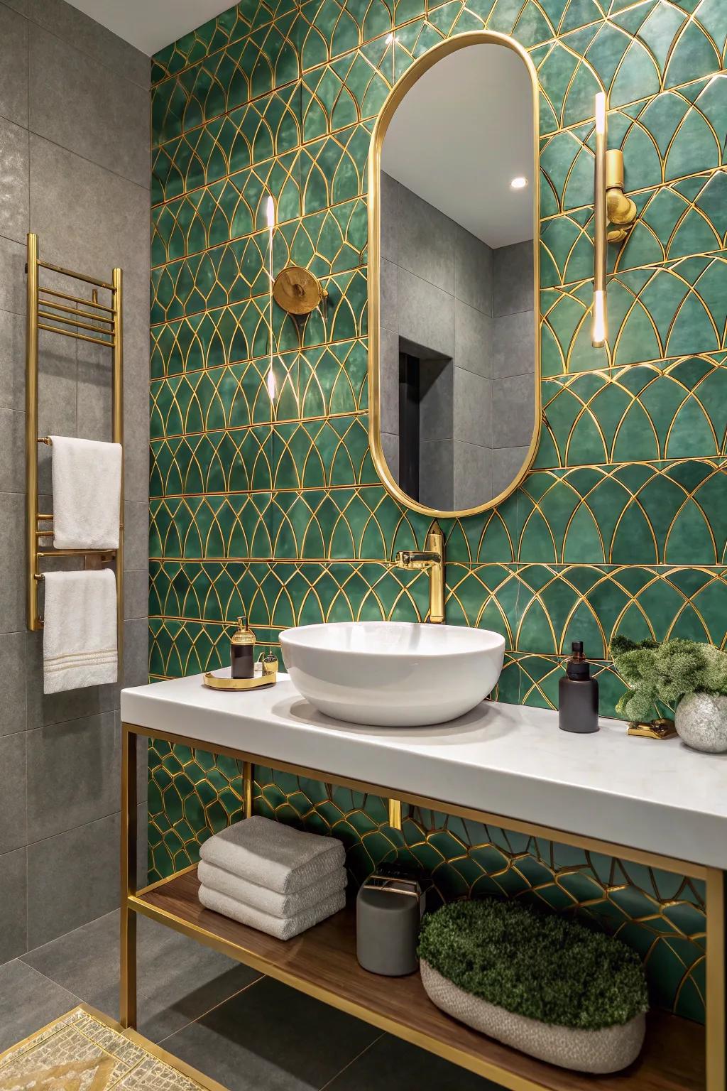 Patterned green tiles with gold accents create a stylish and unique look.