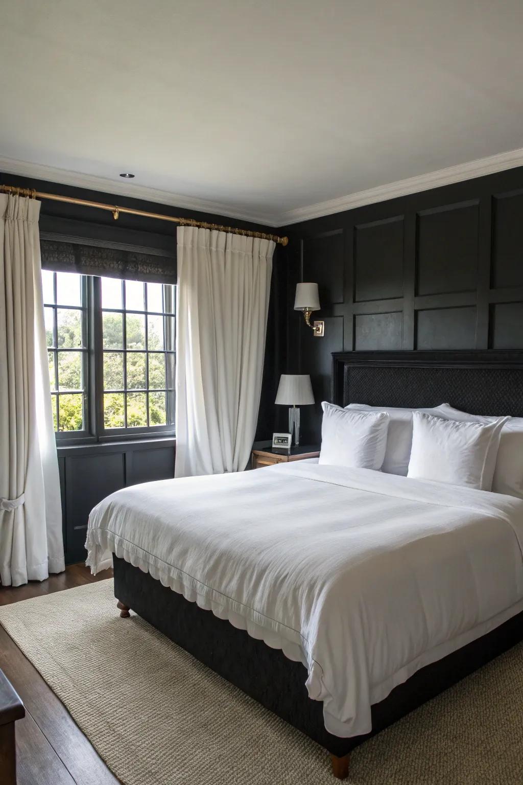 White accents balance the darkness in this chic black bedroom.