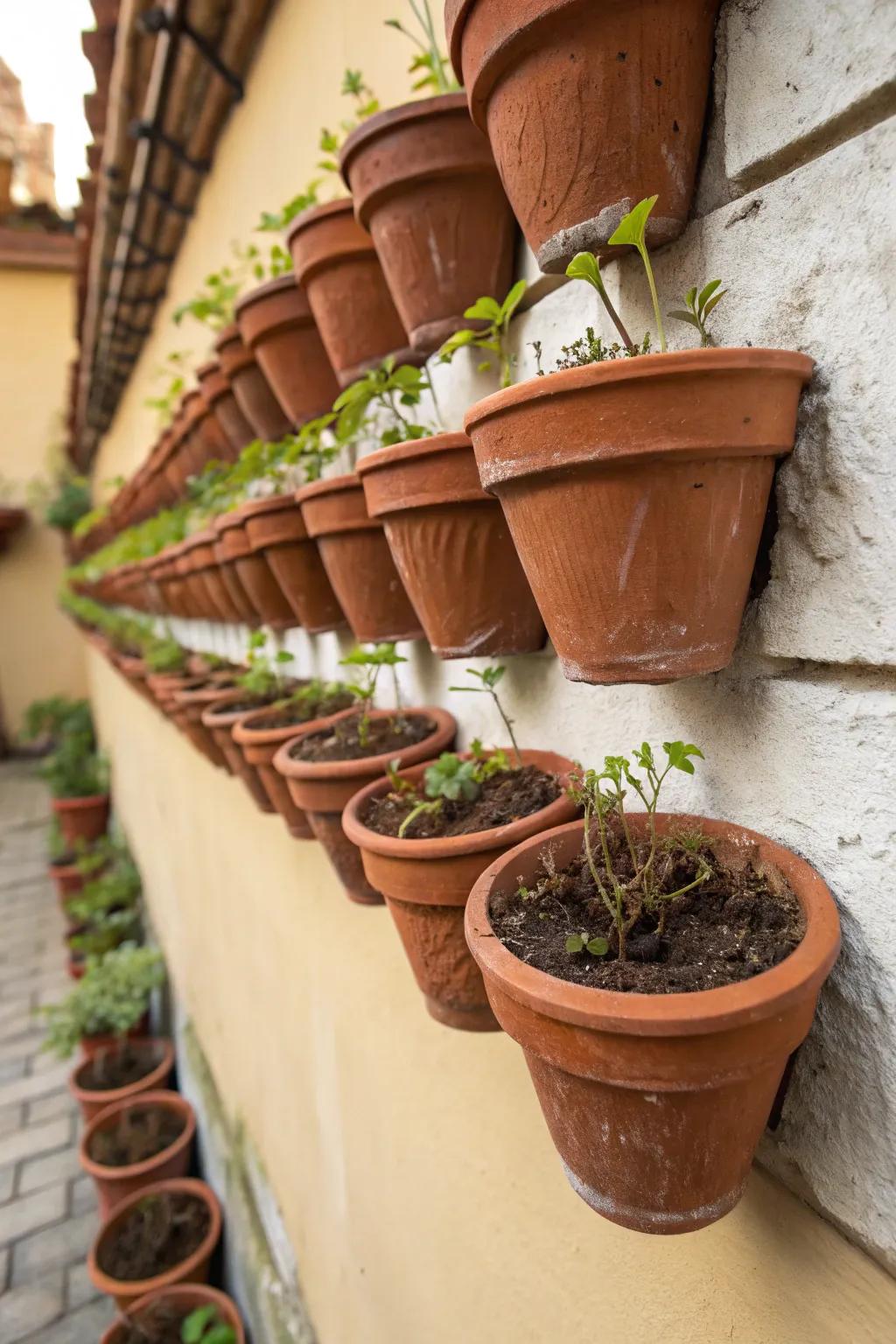 Terracotta pots add a rustic and earthy feel to the propagation wall.