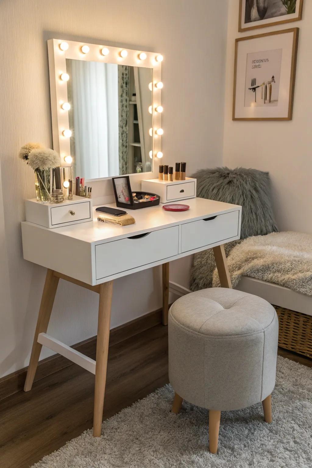 A storage stool adding practicality to a vanity space.