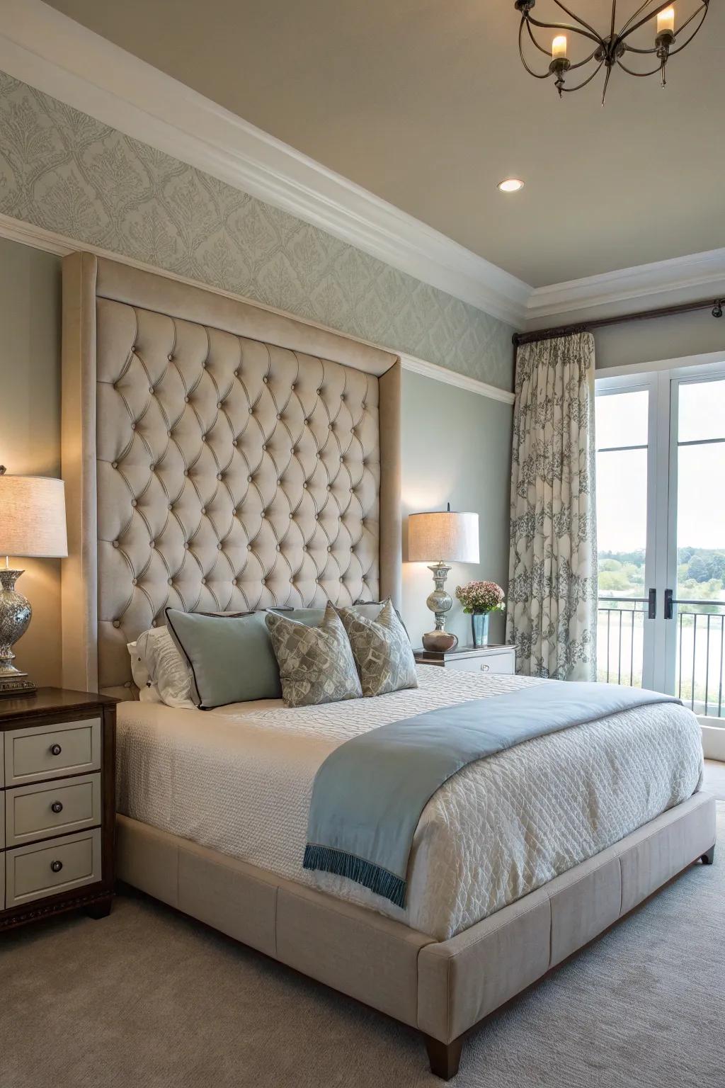 An oversized headboard can serve as both a focal point and a functional element.