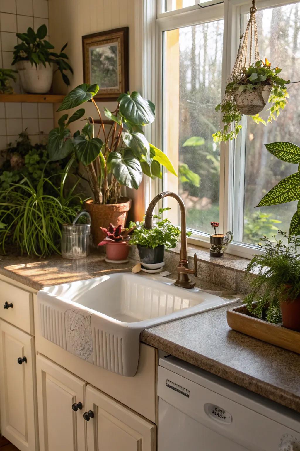 Enhance your kitchen with a corner sink and decorative touches.