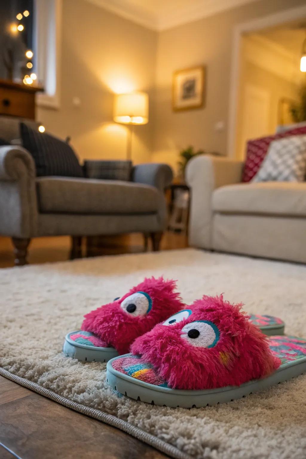 Fuzzy slippers offer a touch of whimsy and warmth.