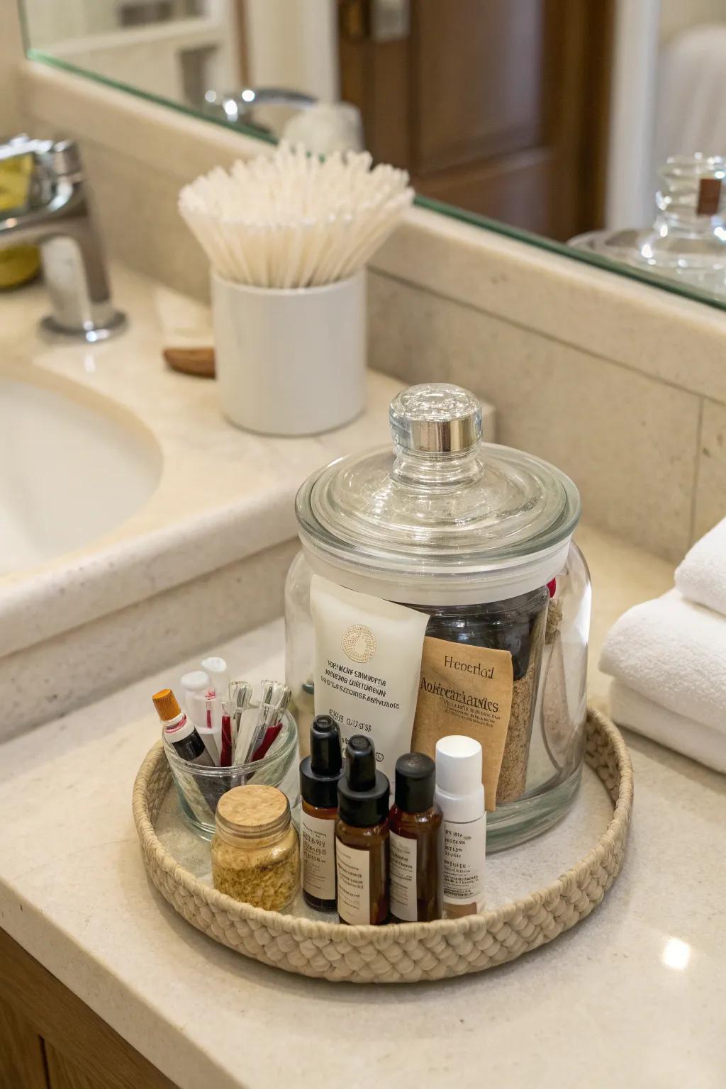 Streamline storage with a travel-size toiletries organizer.