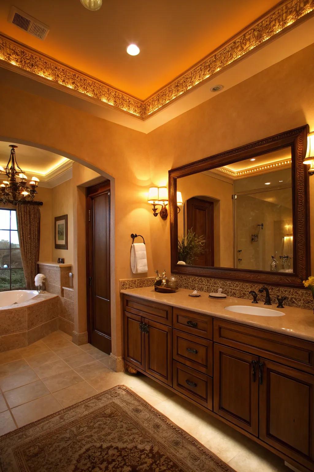 Accent lighting in soffits creates a warm and inviting bathroom ambiance.