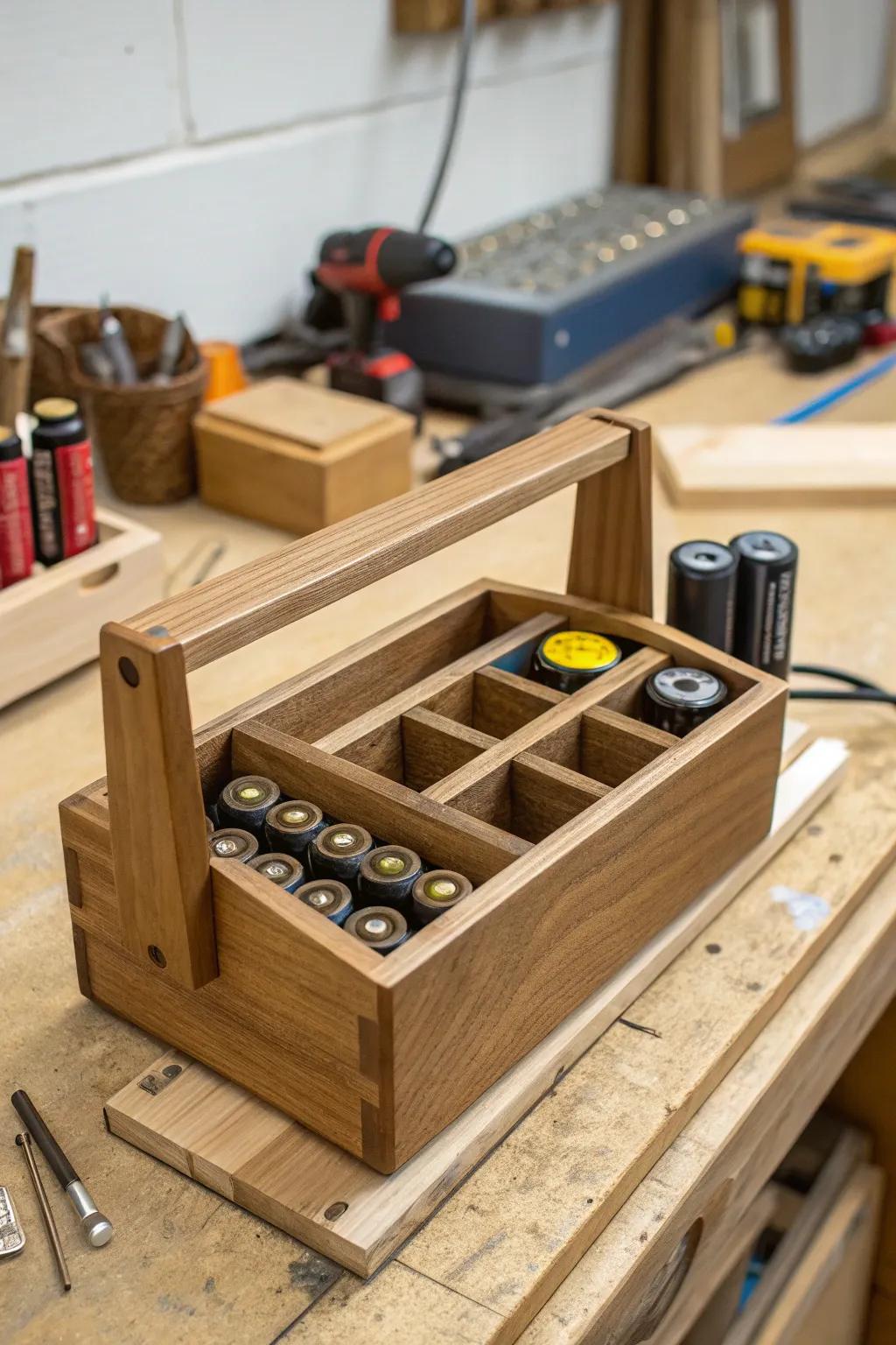 A DIY wooden organizer keeps batteries sorted and accessible.