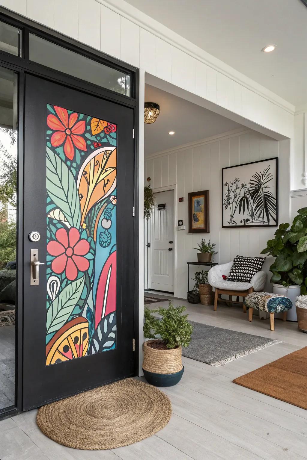 A black door serving as a striking backdrop for colorful art.