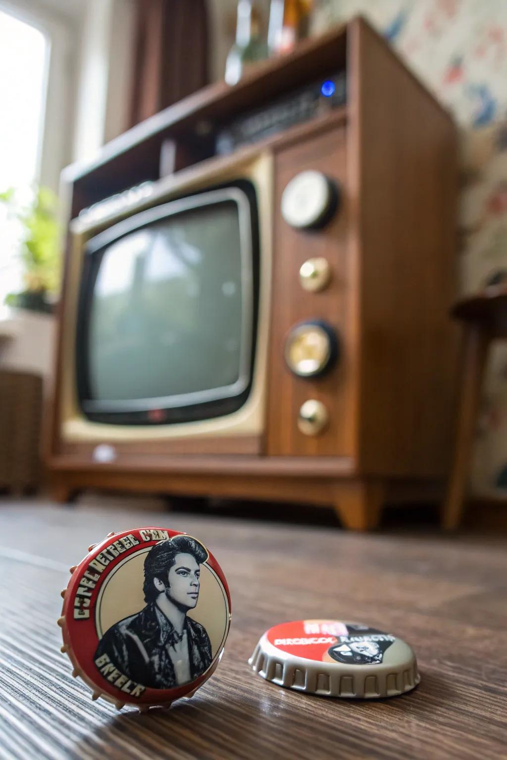 Retro pop culture bottle cap pins for the ultimate fan tribute.