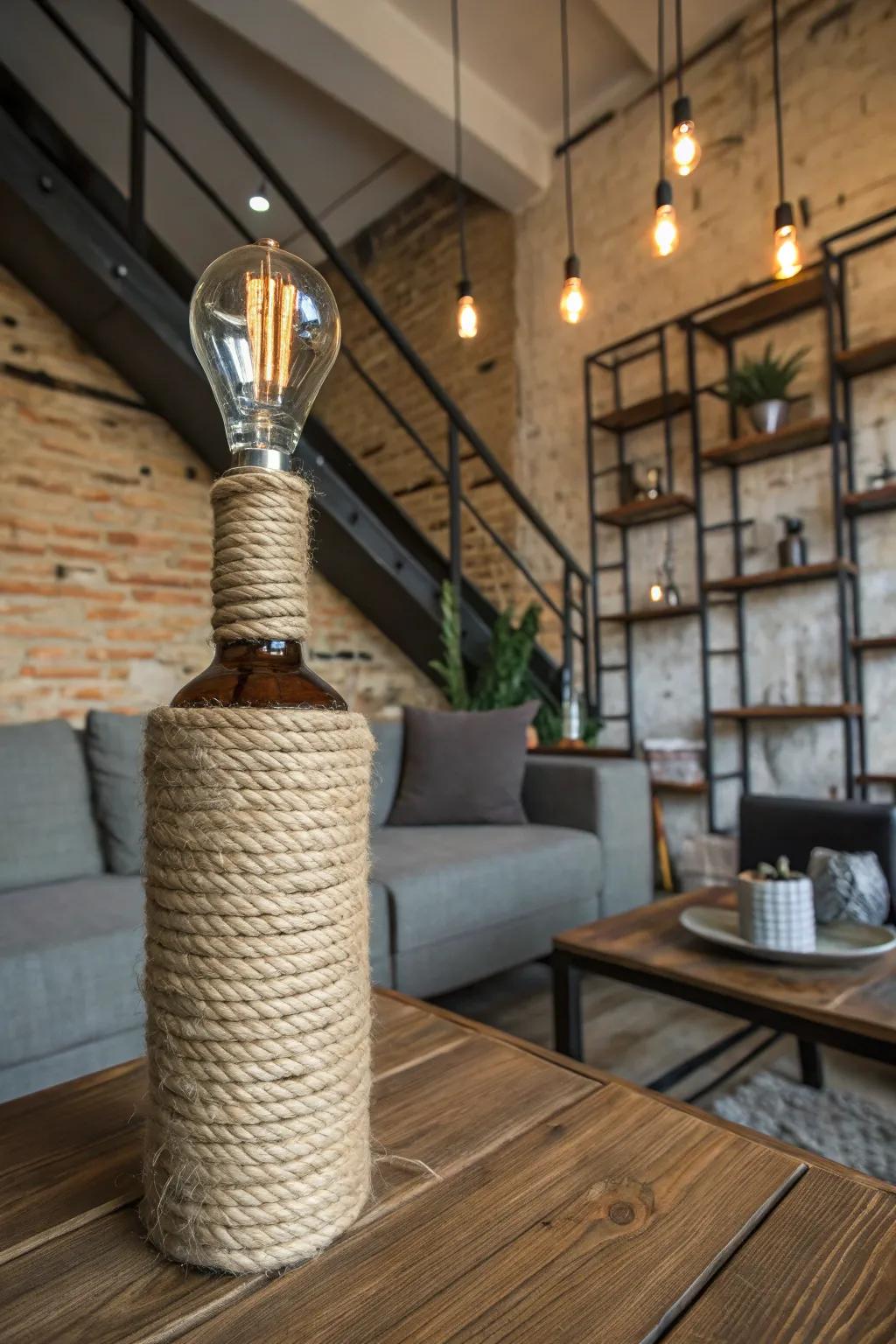 An industrial chic bottle lamp with rope and Edison bulb.