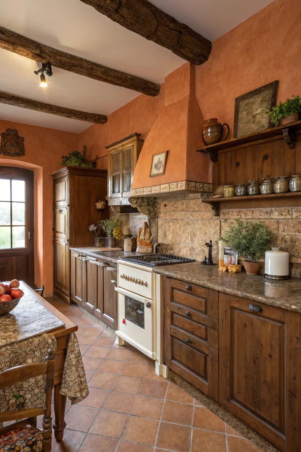 Terracotta walls enhance the earthy warmth of brown granite countertops.