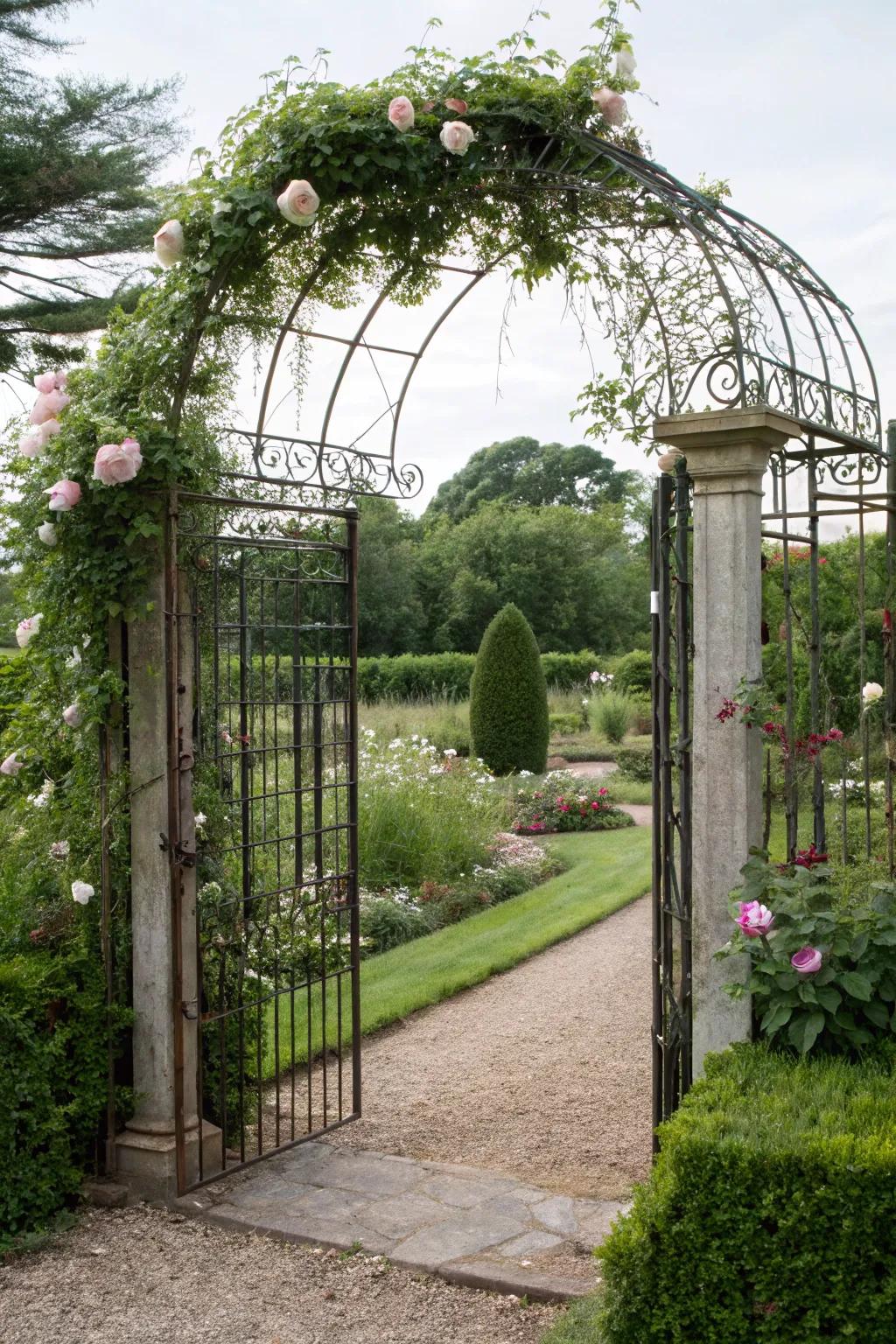 An elegant wire trellis gate provides both an entrance and a climbing plant support.