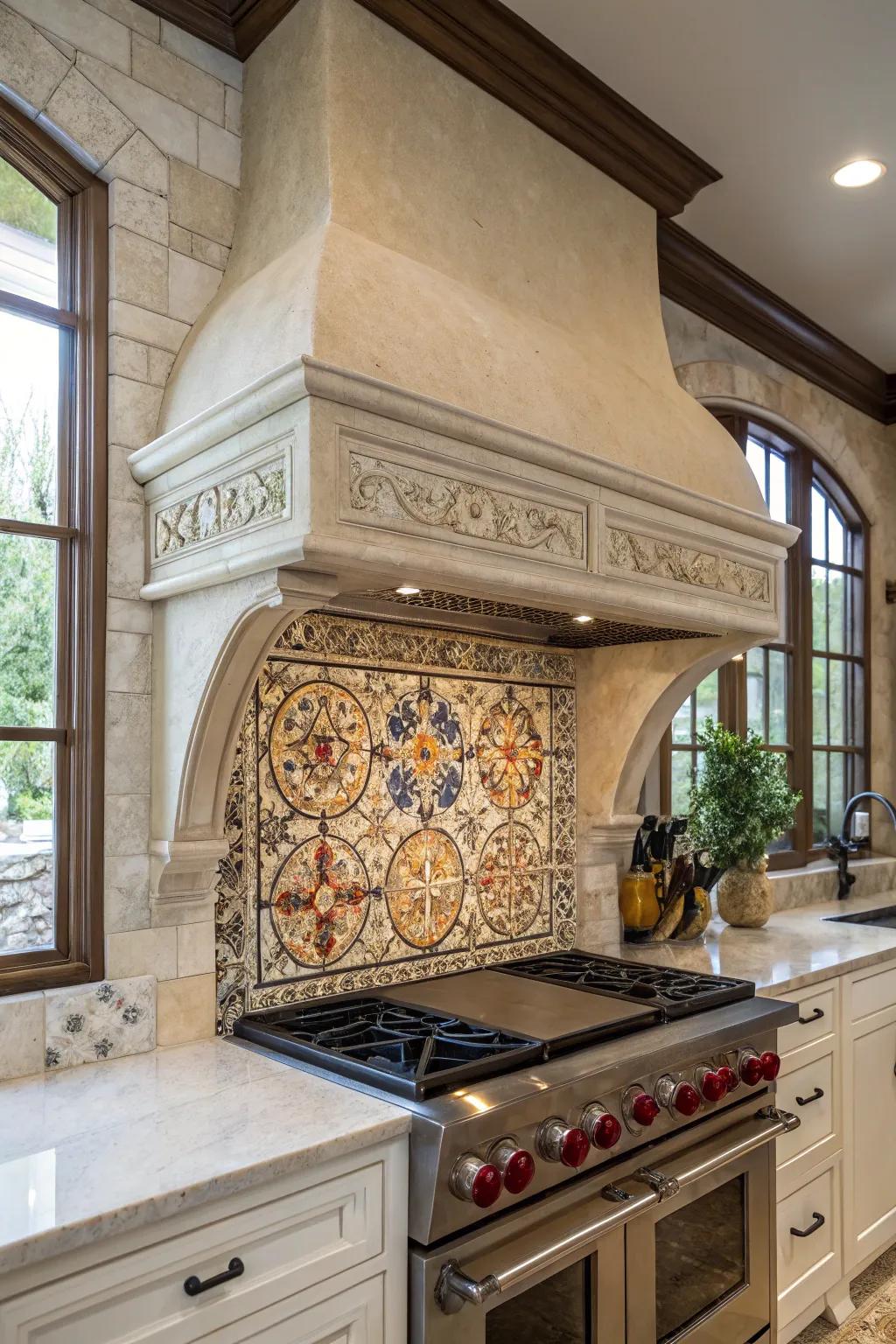 A kitchen with a limestone range hood and dramatic tile backsplash.