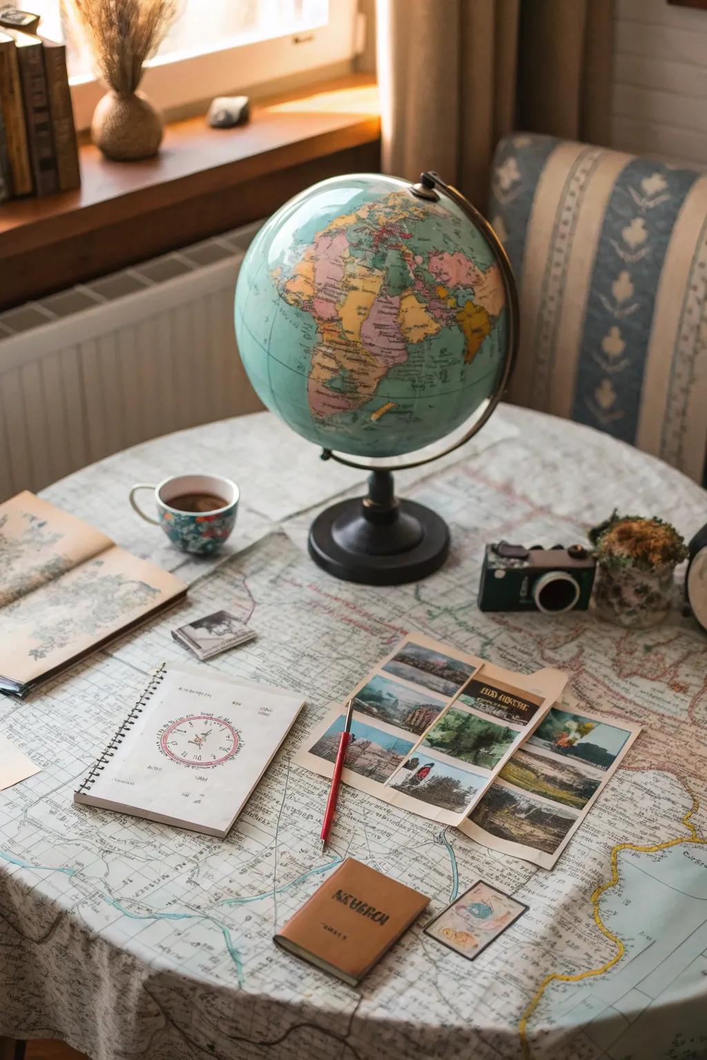 A travel memorabilia display celebrating a life of adventures.