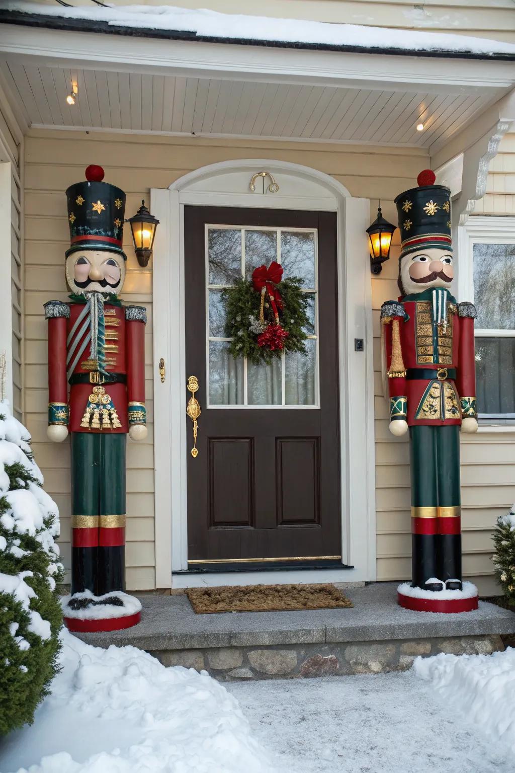 Nutcracker figures add a regal touch to the entrance.