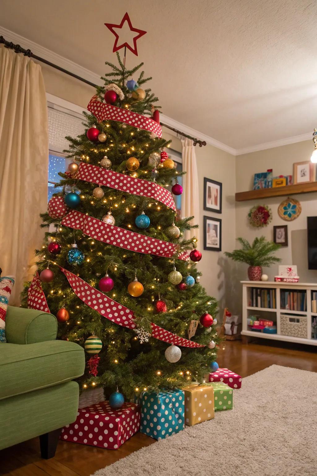 A playful Christmas tree adorned with polka dot ribbons, bringing a sense of joy and whimsy to the decor.