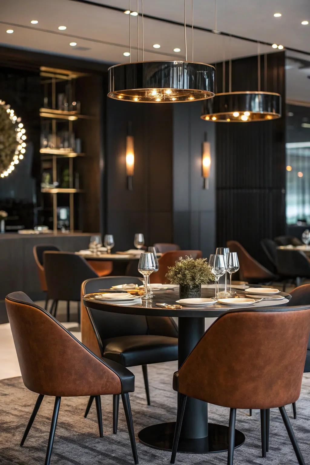 A chic dining room with a striking rust and black color scheme.