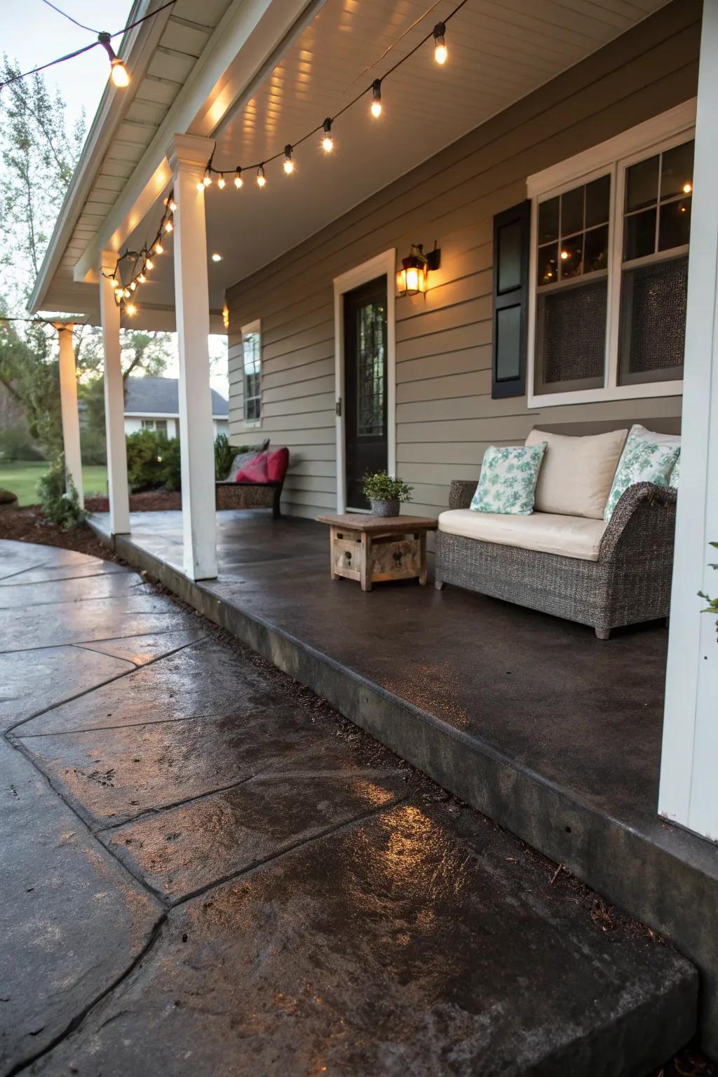 A dark stain adds drama and elegance to a concrete porch.