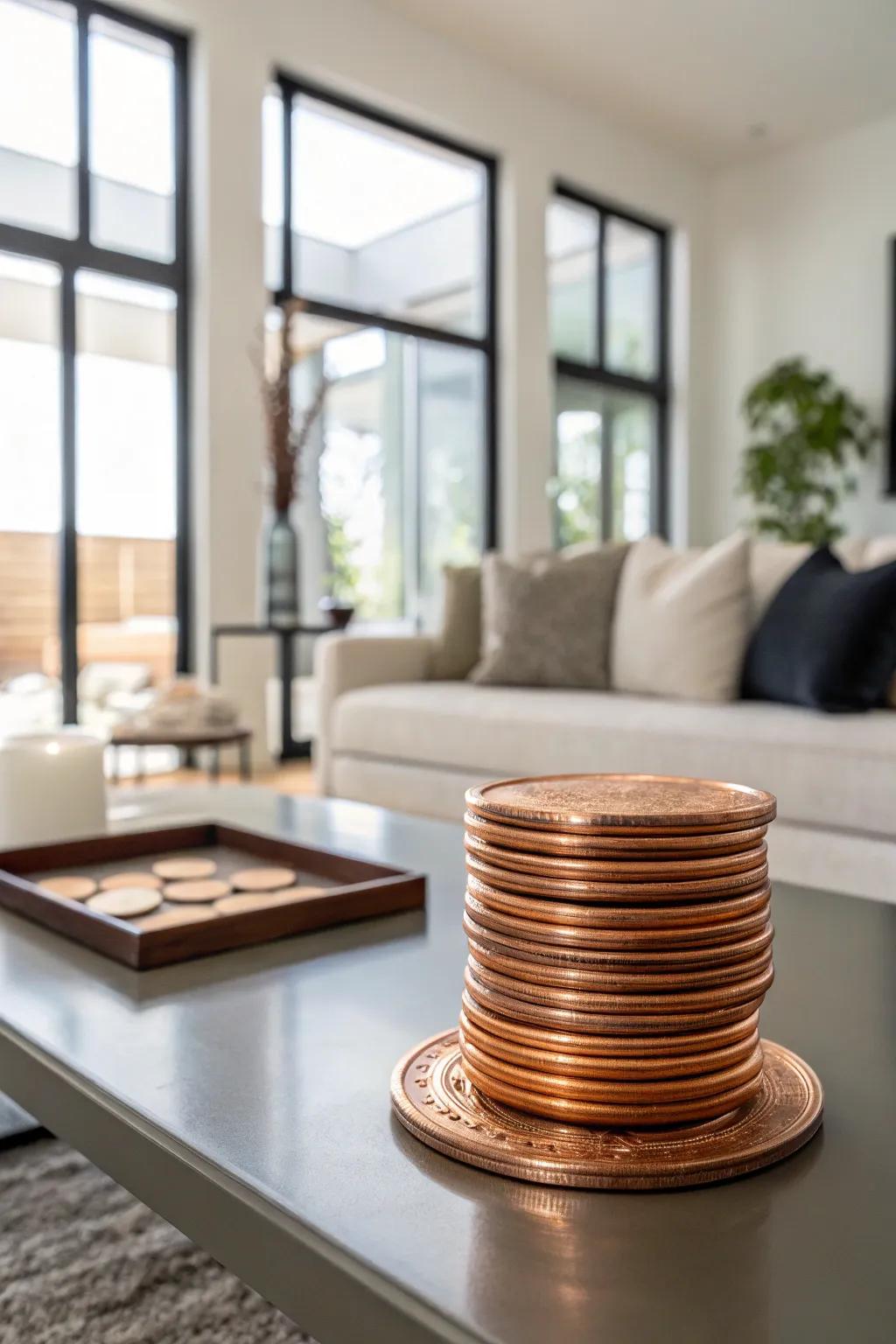 Keep your coffee table scratch-free with chic copper coasters.