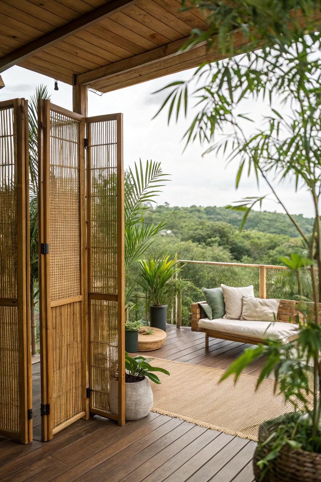 Bamboo screens offer privacy and a touch of exotic charm to this covered deck.