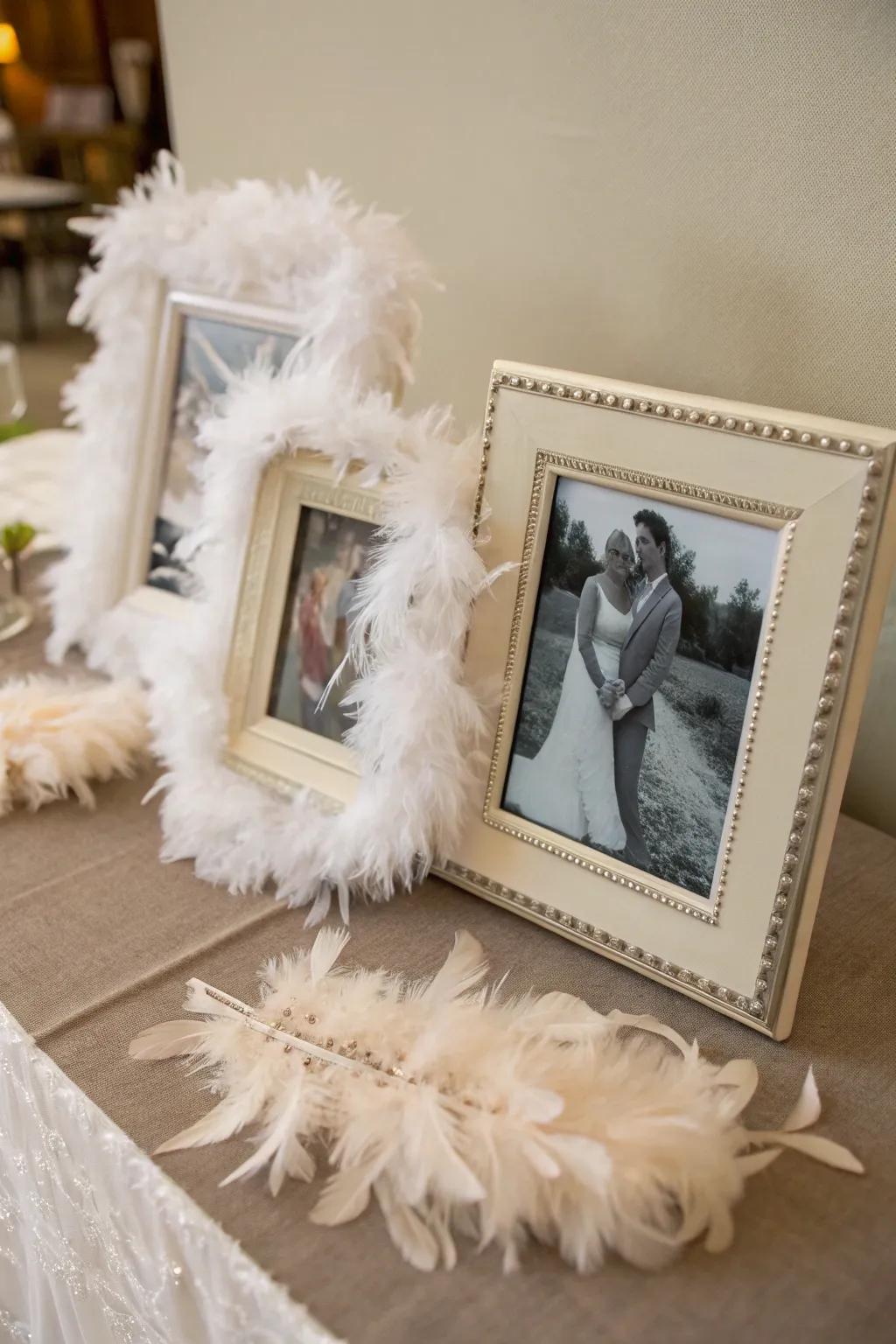 Picture frames elegantly decorated with soft feathers.