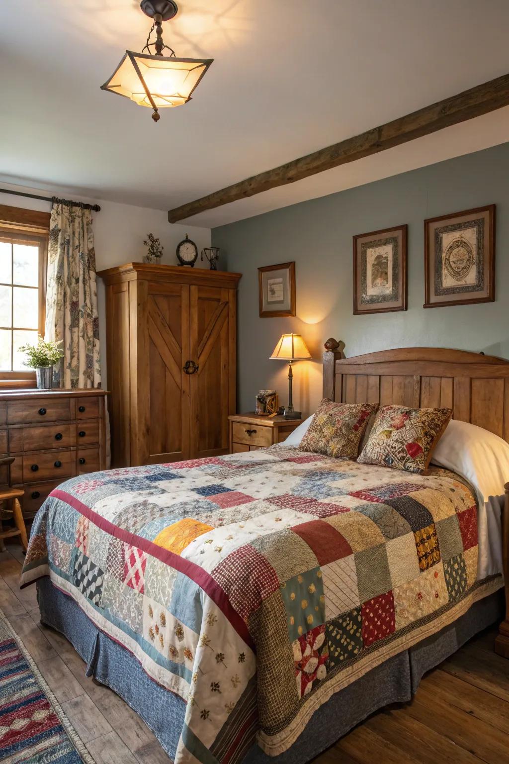 A vintage patchwork bedspread adds nostalgia and warmth to the bedroom.