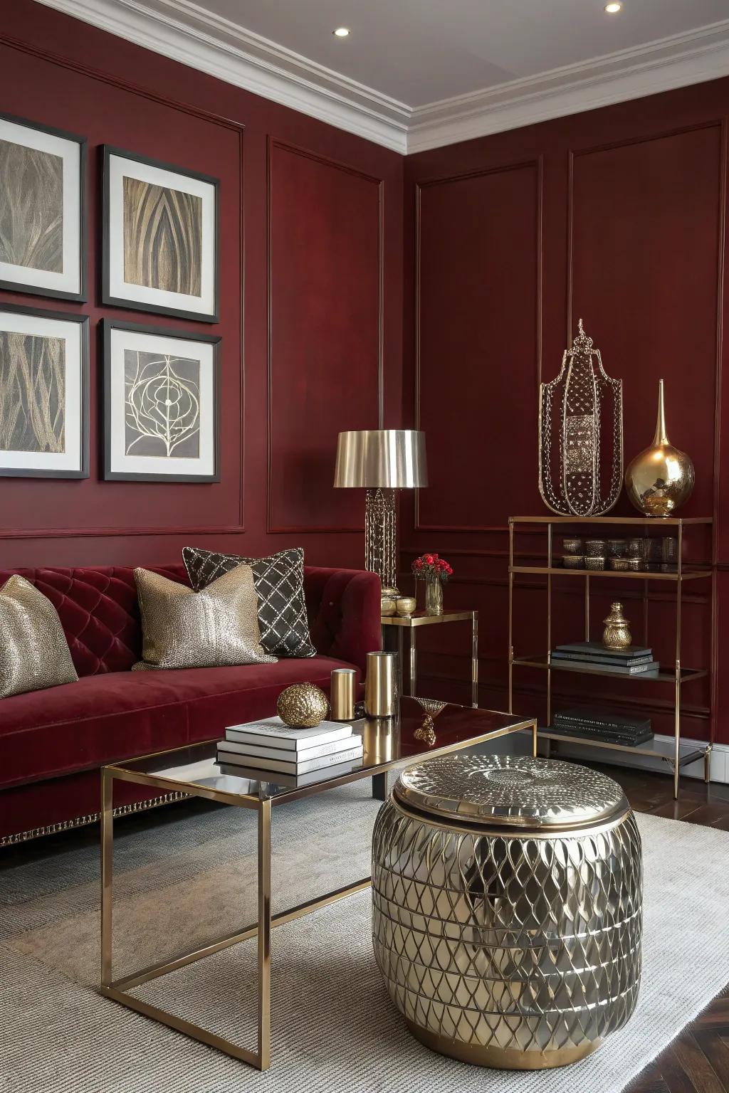 A modern living room with dark red walls and metallic elements.