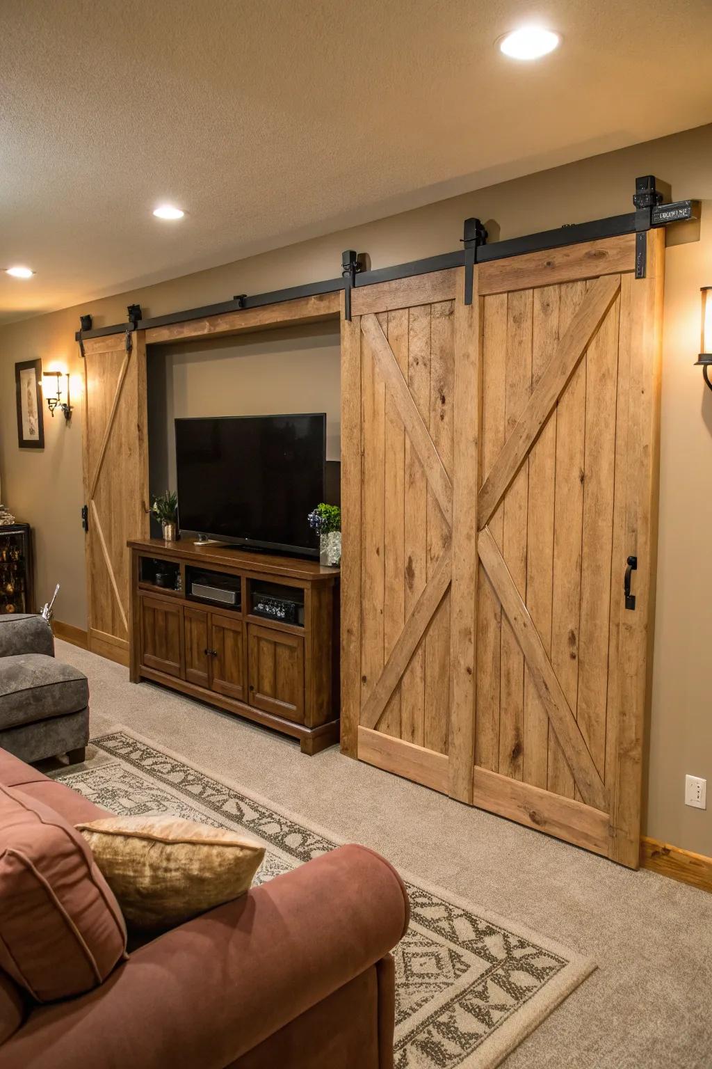 Sliding barn doors adding rustic charm to a TV wall.