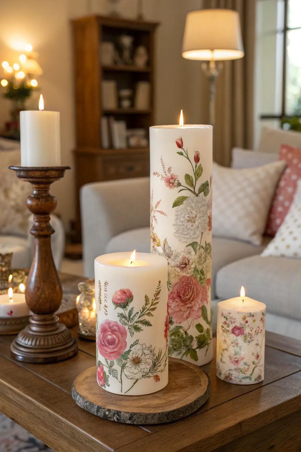 Intricately designed candles using the decoupage technique.