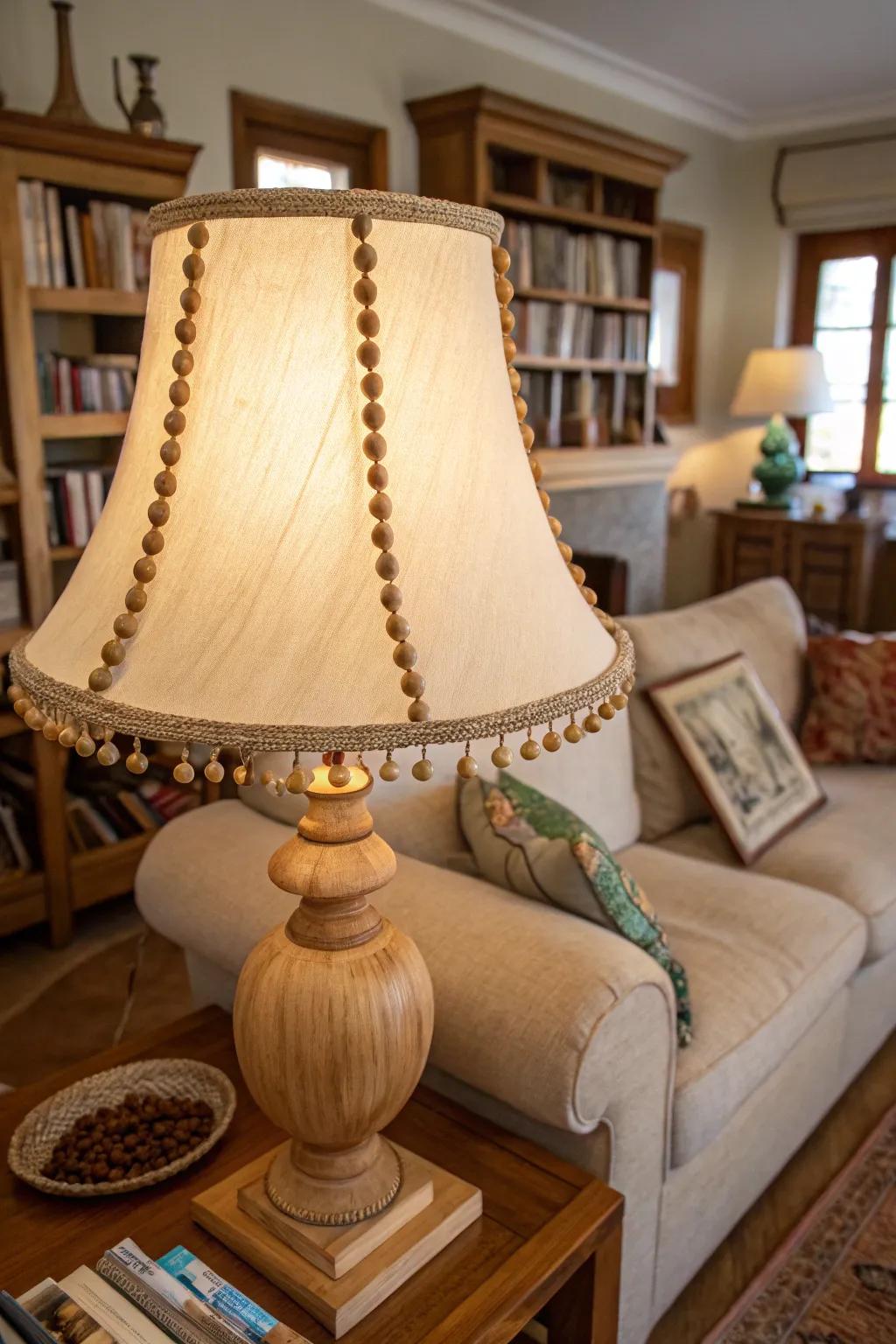 A lampshade embellished with wooden beads.