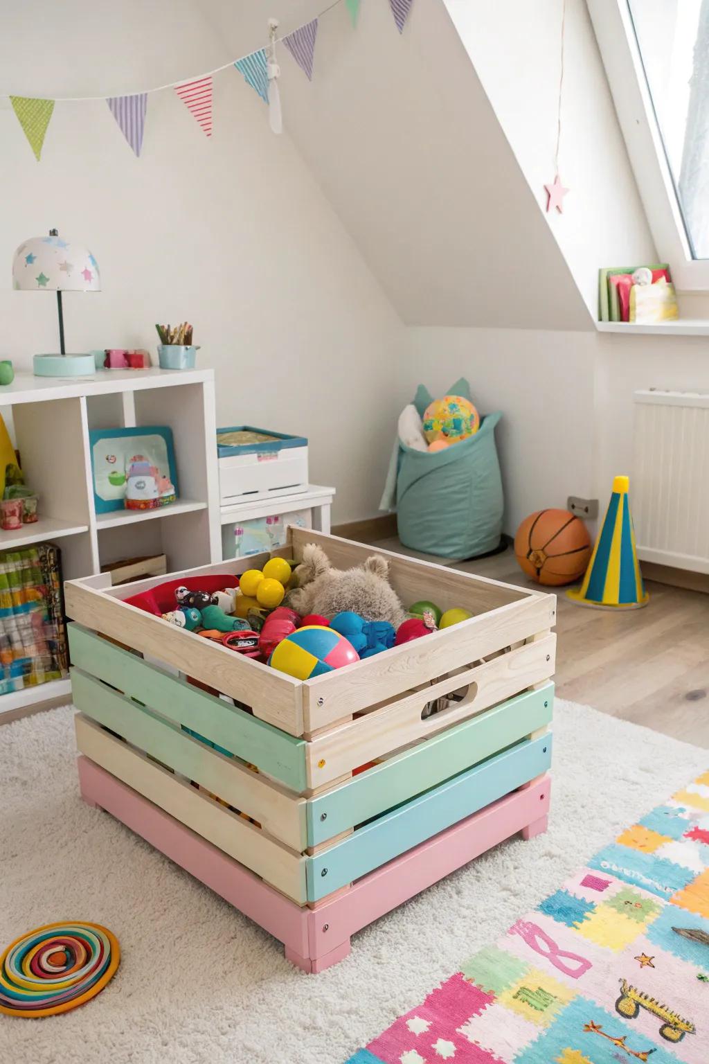 A wooden crate toy box keeps playrooms tidy and fun.