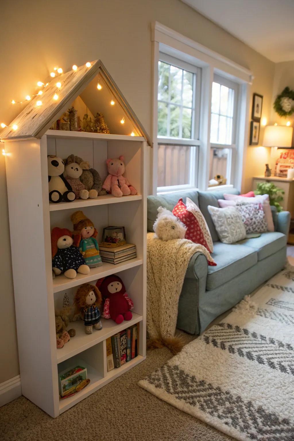 A cozy living room nook dedicated to a charming doll display.