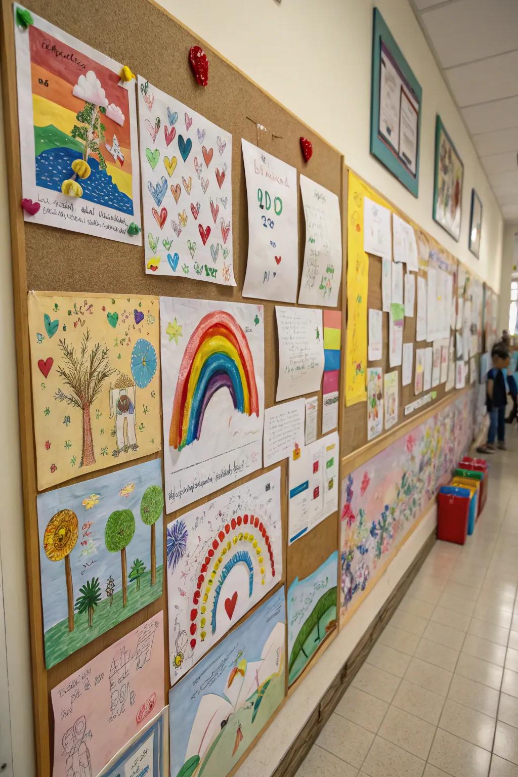 A dynamic bulletin board filled with children's art.