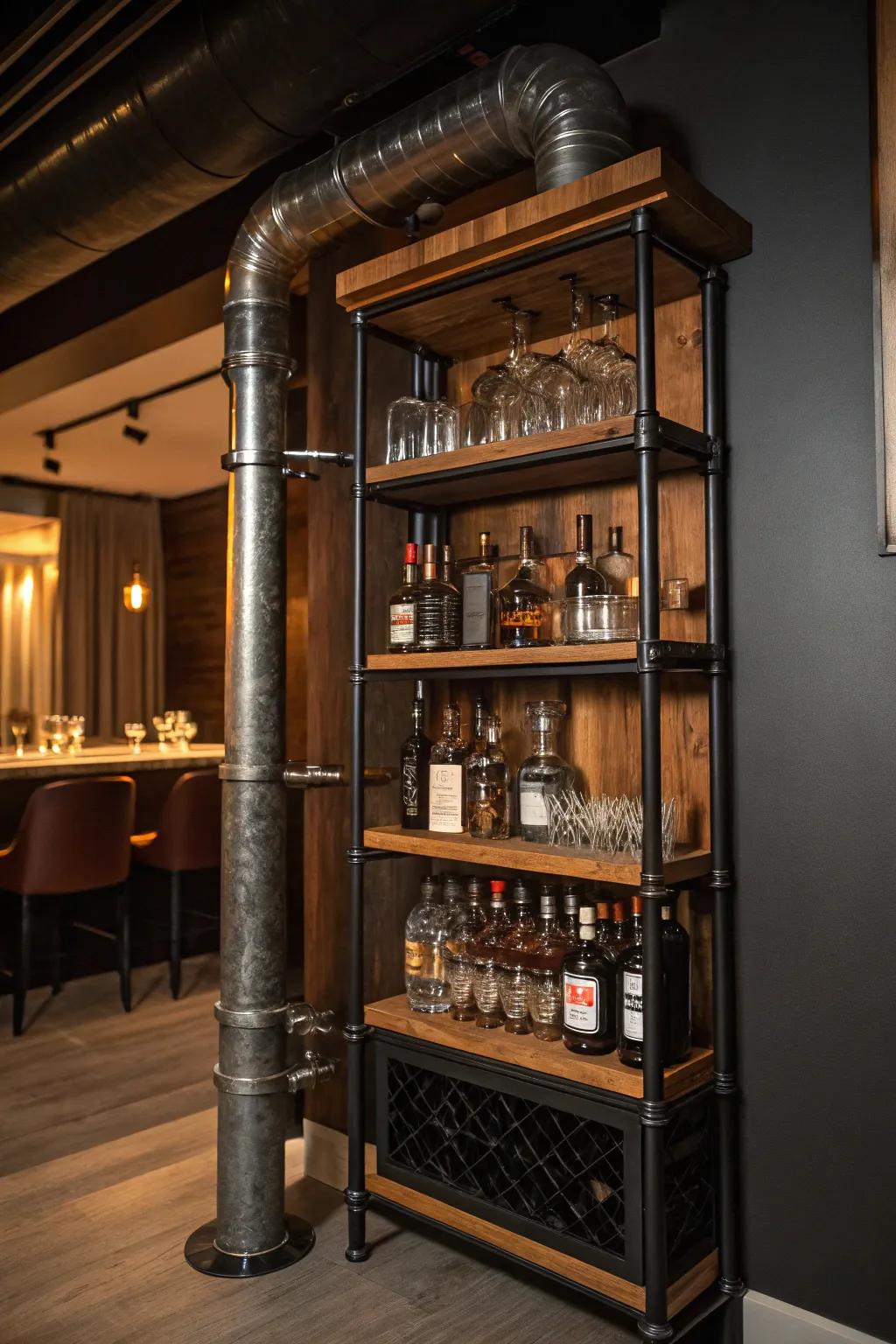 Industrial pipes and wood create a modern liquor storage solution.