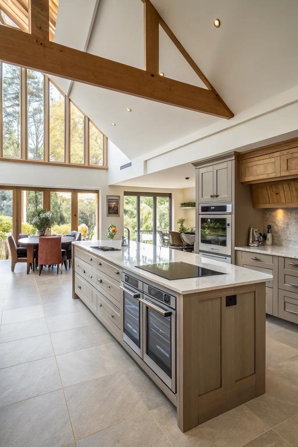 Bold integration of double ovens into a central kitchen island