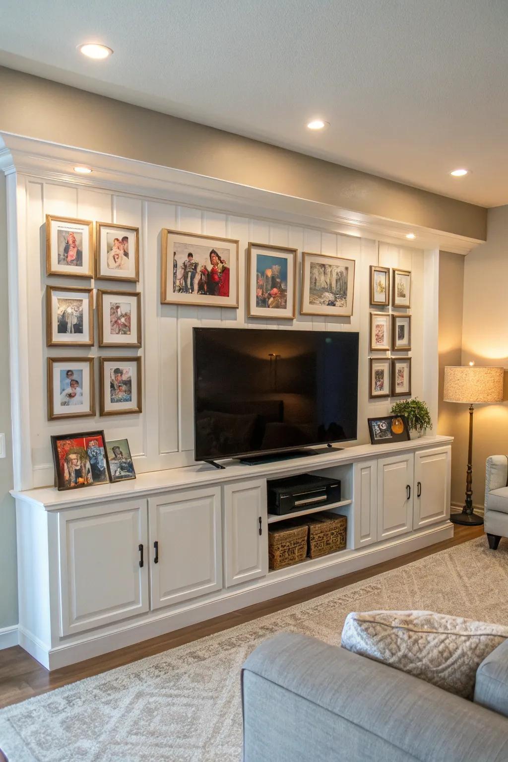 A gallery wall adds a personal touch to this entertainment center.