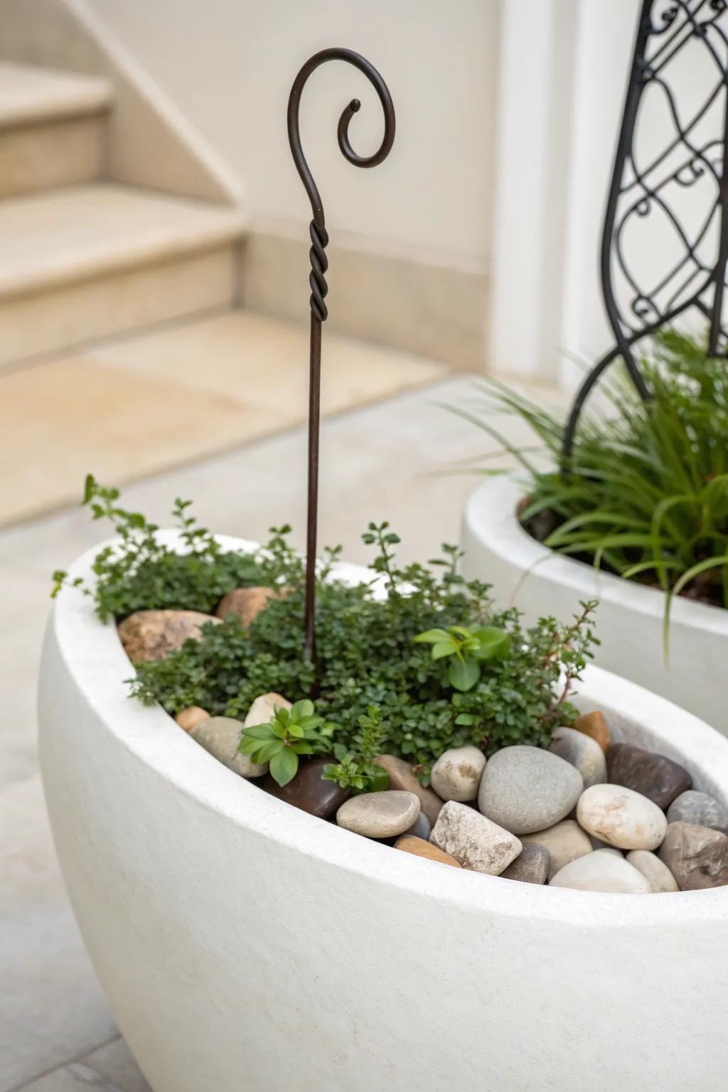 Elevate your outdoor decor with a Scandinavian touch: a shepherd's hook in a chic planter base.