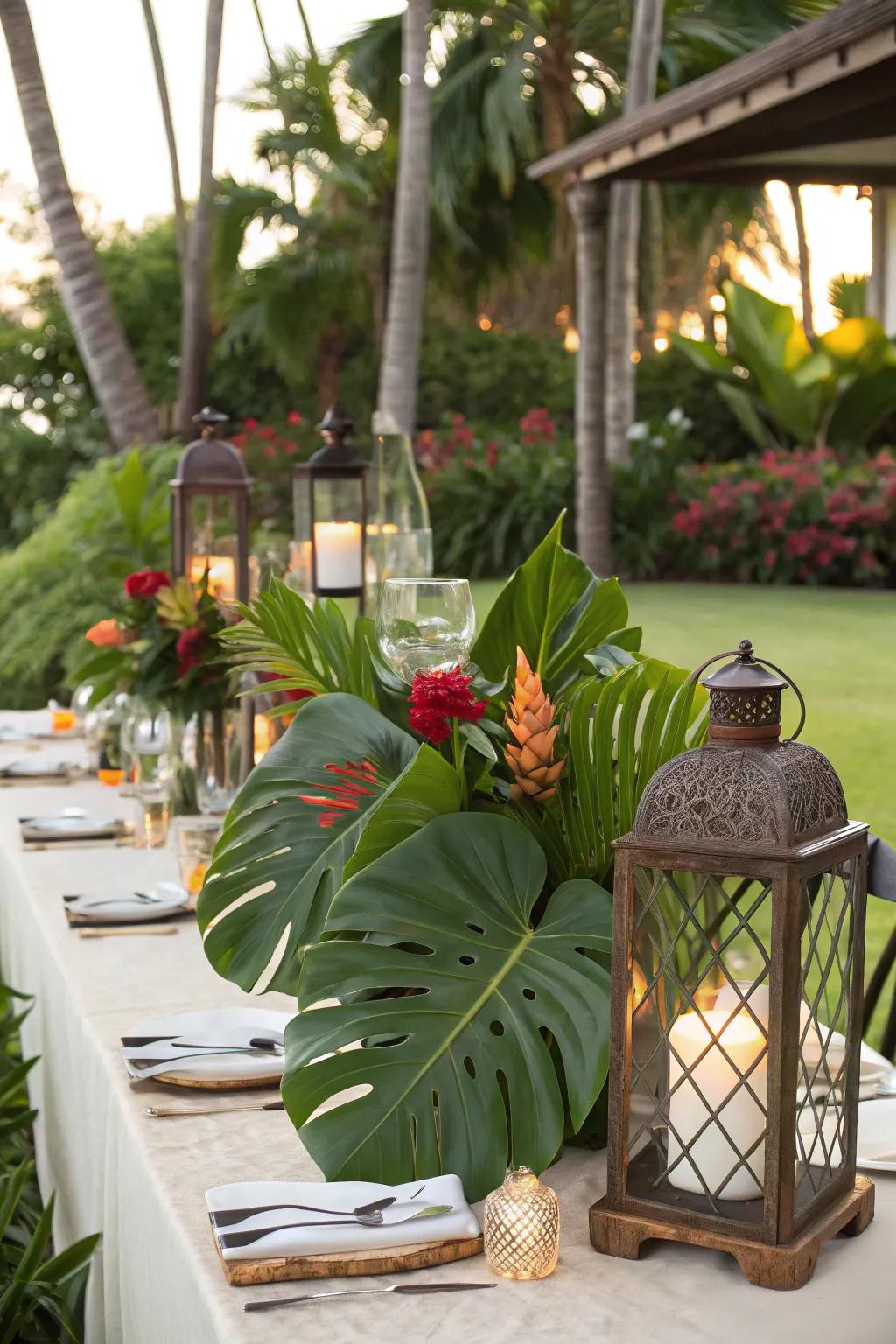 Tropical leaves paired with lanterns create an exotic vibe.