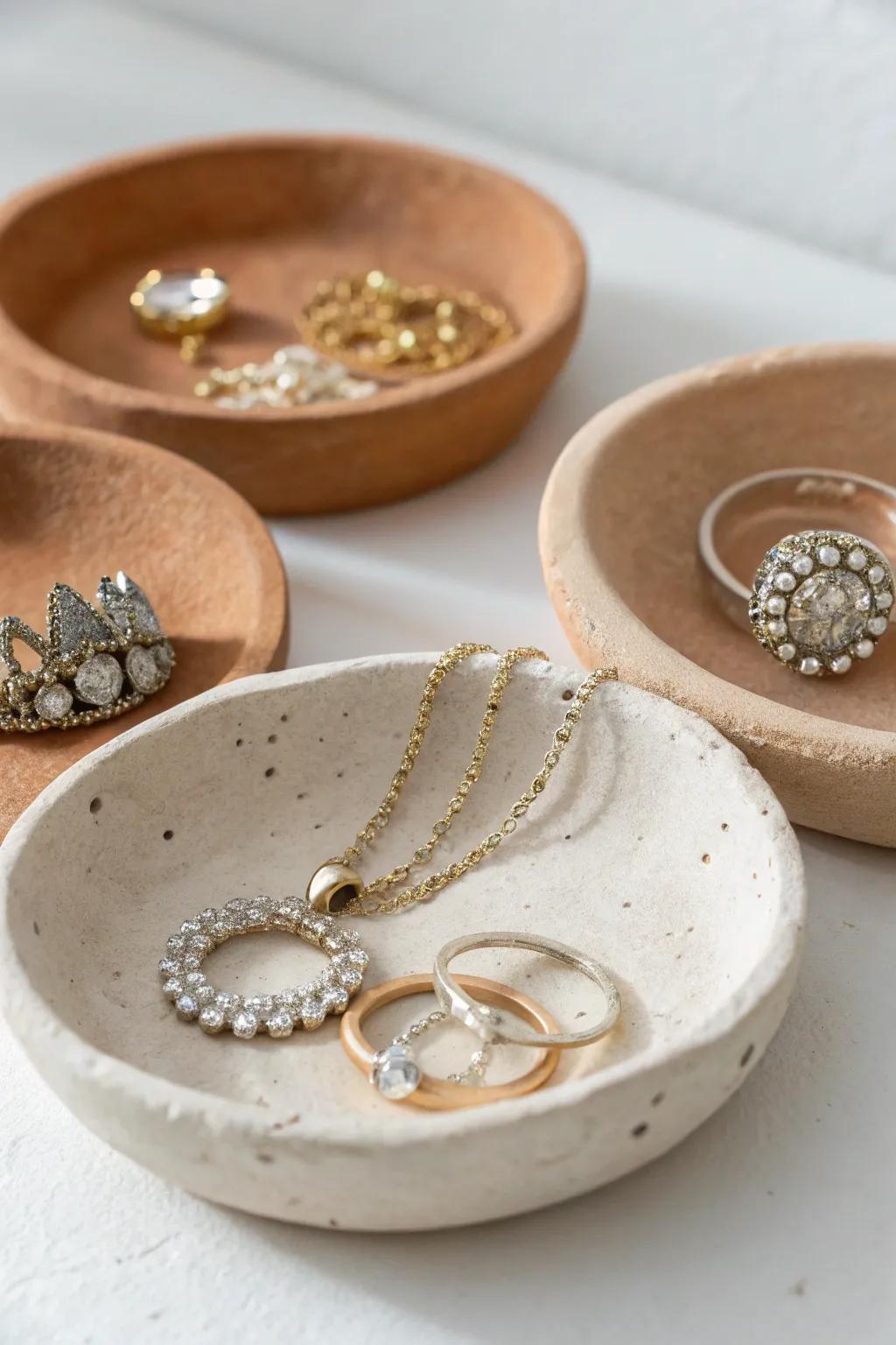 Elegant jewelry dishes crafted from excavator clay, perfectly holding various pieces of jewelry.