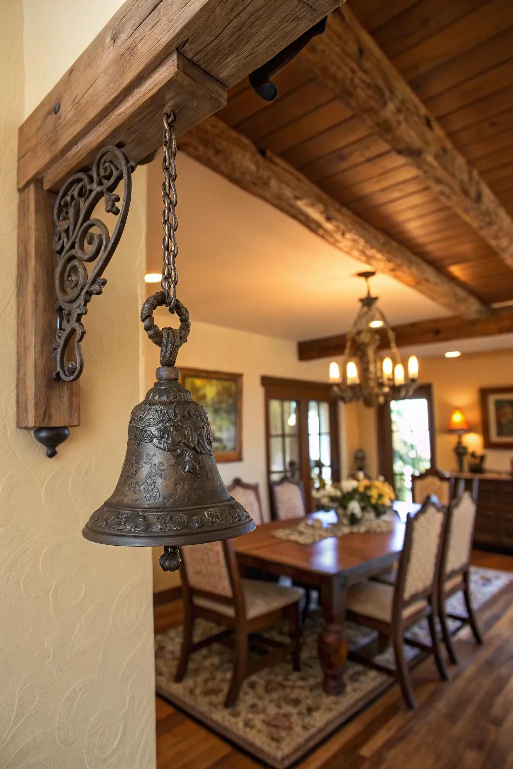 A decorative dinner bell adds vintage charm.